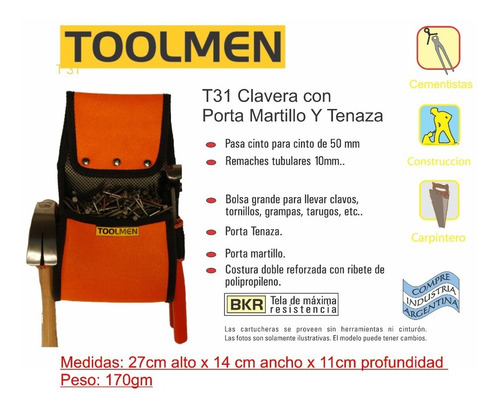 Imagen 2 de 8 de Clavera Constructor Carpintero Porta Martillo Toolmen T31