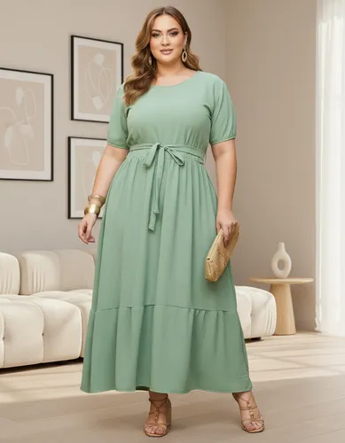 Vestido Plus Size Longo Manga 3/4 Moda Evangelica Elegante