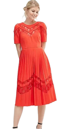 Vestido Asos Midi Petite  Plizado Encaje Rojo