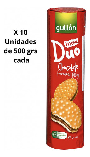 Kit 10 Biscoitos Recheado Gullon Mega Duo Chocolate - 500g
