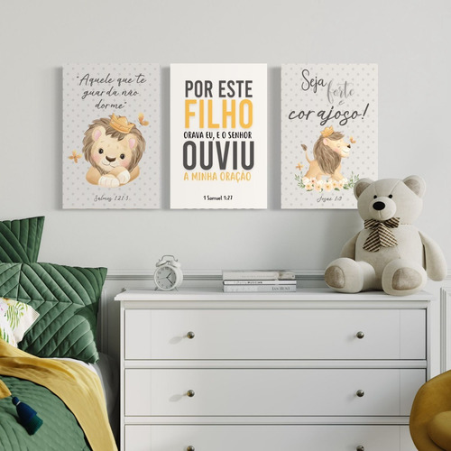 Kit 3 Quadros Seja Forte Leãozinho, Quarto Bebê 120x60cm