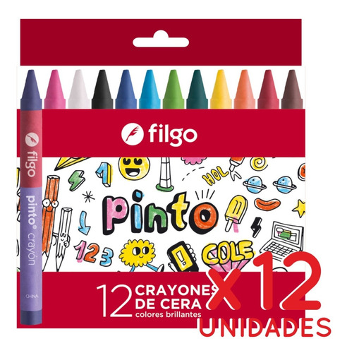 12 Caja 12 Crayones Cera Filgo Pinto Colores Surtidos