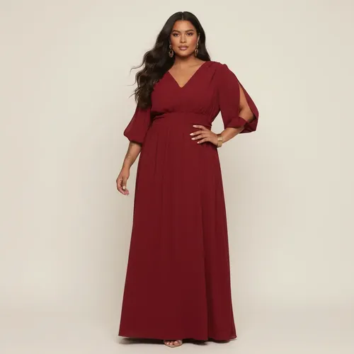Vestido Longo Plus Size Feminino Fenda Manga 3/4 Elegante