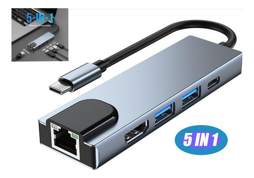 .. Adaptador Hub Tipo-c 5 En 1 Hdmi, 2x Usb, Lan