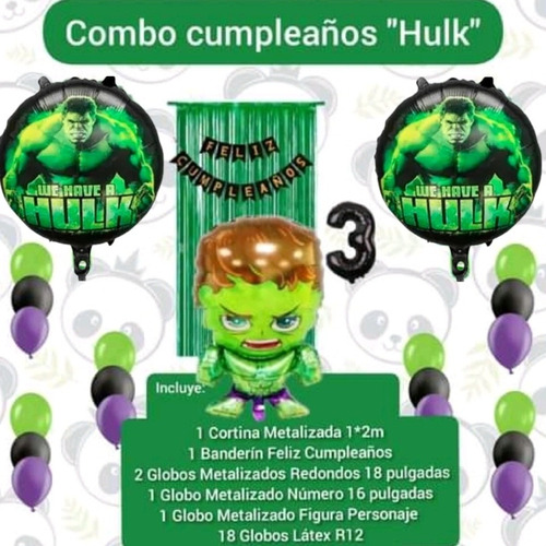 Combo Decoración Cumpleaños Globos Cortina Banderin Hulk