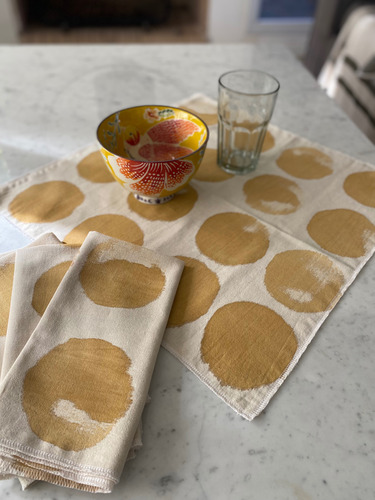 4 Servilletas 50x50cm De Tusor Estampadas A Mano Con Acuarel Natural Círculos Coral