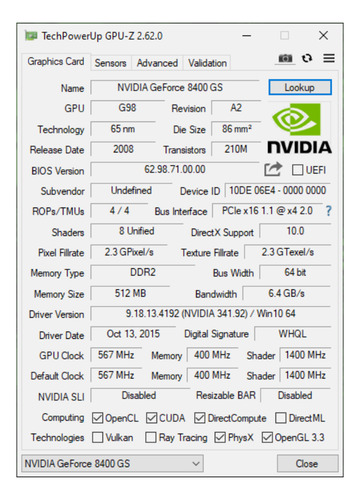 Placa De Vídeo 8400gs 512mb Ddr2 64bits Pci-e (Usado)