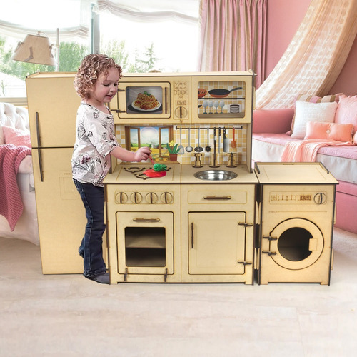 Cocina De Madera Con Heladera Y Lavarropas Infantil Cocinita Color Marrón