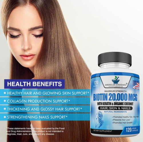 Imagen 5 de 5 de Biotin 20.000mcg Con Keratina, Coco Orgánico Y Zinc Eeuu
