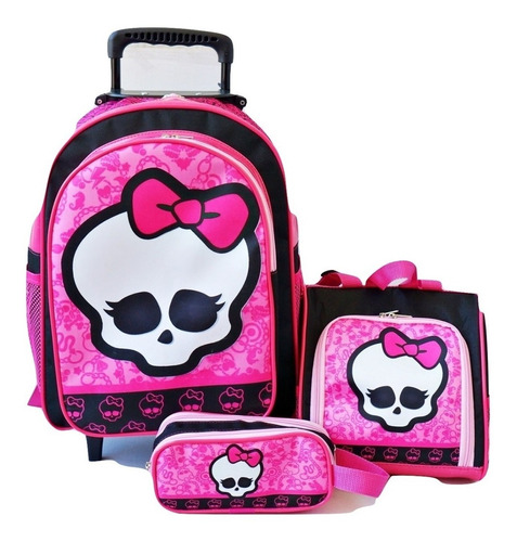 Mochila Monster Rodinhas Caveirinha Lancheira Estojo Cor Rosa-chiclete Desenho do tecido Caveira