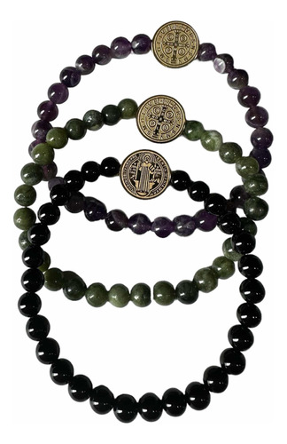 Pulsera San Benito Dorado Acero Piedra 6mm Jade Obsidiana