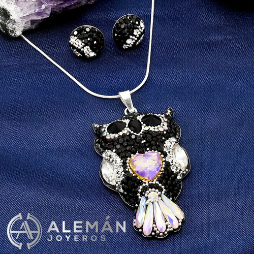 Juego De Aretes Y Dije De Plata .925 Modelo Búho Negro