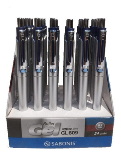 Caja 24 Plumas Roller Gel Retractil 0.7 Mm Sabonis Gl-809 Tinta Azul Exterior Plata