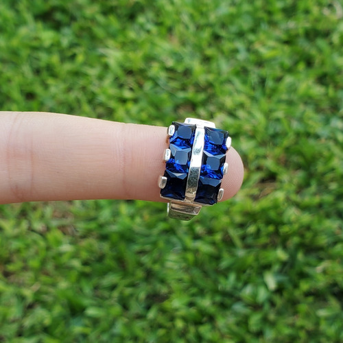 Imagen 3 de 10 de Anillo Plata Con 6 Piedras Cuadradas Azul