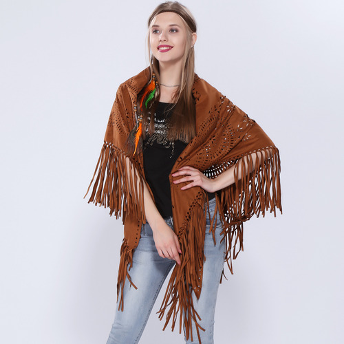 Poncho Aberto Com Franjas De Camurça Soltas Para Mulheres,