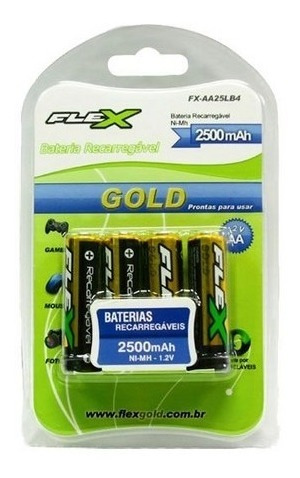 Pilha Recarregável C/carga Aa 2500mah Cart 4pcs Flexgold S/f