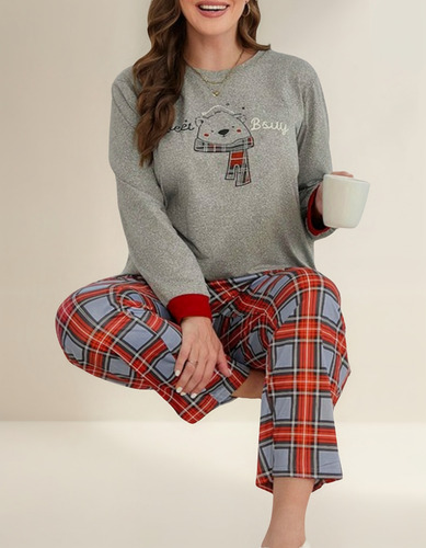 Conjunto Pijama Gris Cuadros Oso, Talla Extra 2xl 3xl 4xl 