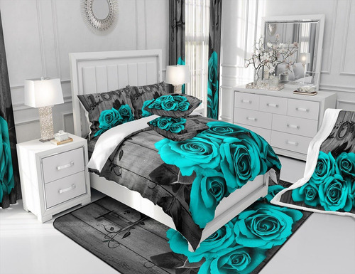 Juego De Ropa De Cama Gris Turquesa, Juego De Edredón Con Fl