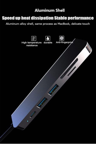 Imagen 9 de 10 de Hub Adaptador Tipo C 6 En 1 Usb 3.0 Hub Con Hdmi Y Sd