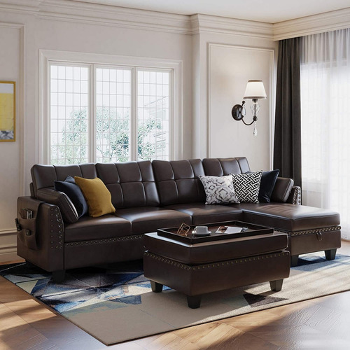 Sofa Forma De L Otomano Pielsint Color Marron Marca Honbay