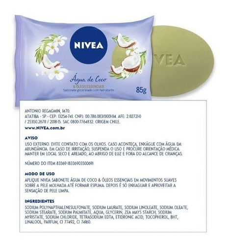 Imagem 3 de 3 de Sabonete Em Barra Nivea Água De Coco E Óleos Essenciais 85g