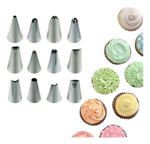 Kit 12 Bico De Confeitar Inox Decorar Bolo Cupcake Doces