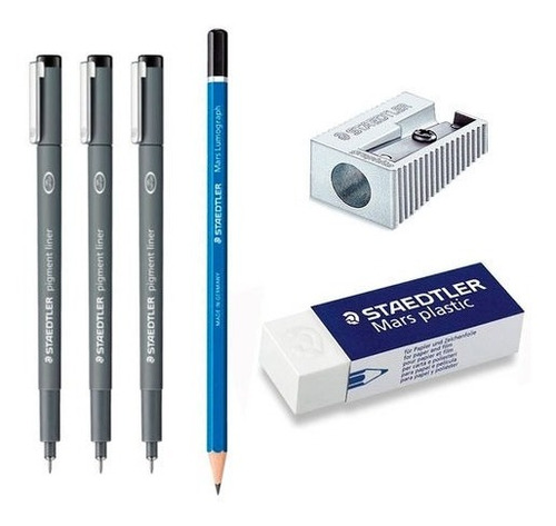 Kit Desenho Staedtler Pigment Liner Caneta Lápis Borracha