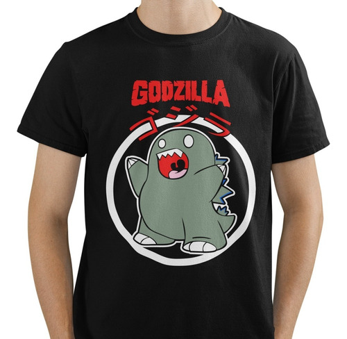 Playera Negra Estampado Godzilla Kawaii Cute Unisex
