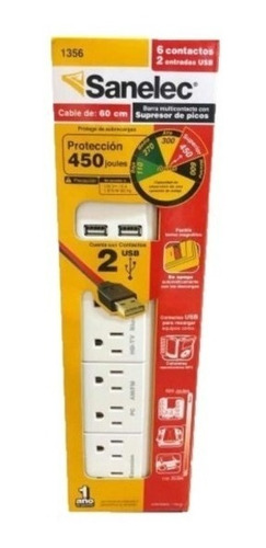 Multicontacto Sanelec 6 Contactos 2 Usb Y Supresor De Picos