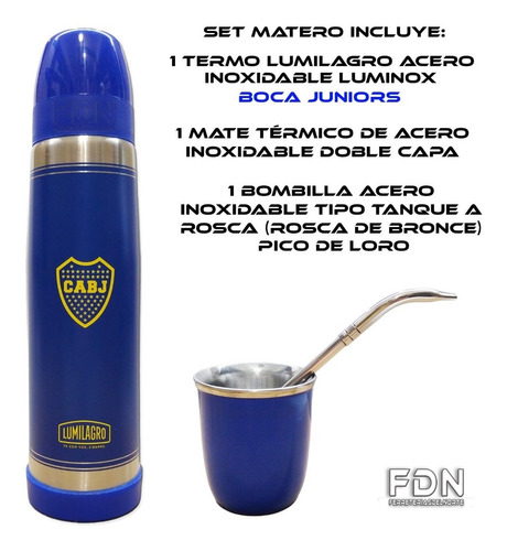 Termo Lumilagro Inox Boca 1 + Mate Azul + Bomb 350 - Fdn