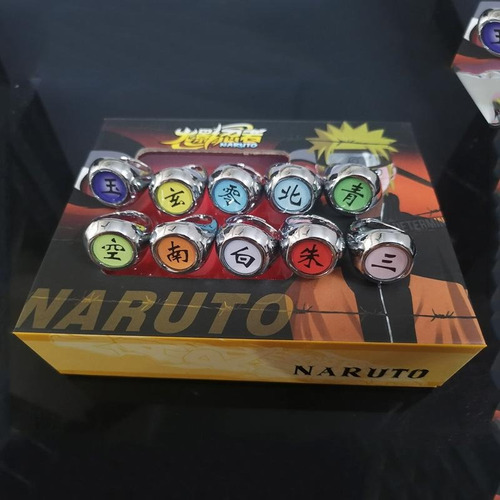 Set 10 Anillos Akatsuki Naruto En Caja + Collar Animé Naruto