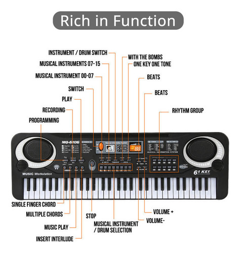 Piano Con Teclado Digital Usb De 61 Teclas Con Micrófono
