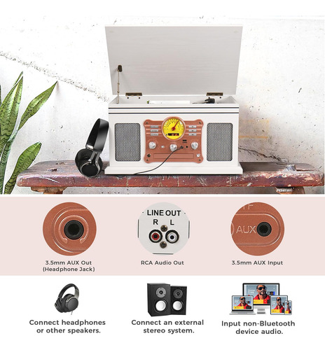 Tocadiscos Bluetooth Vintage 10 En 1 Madera Blanca