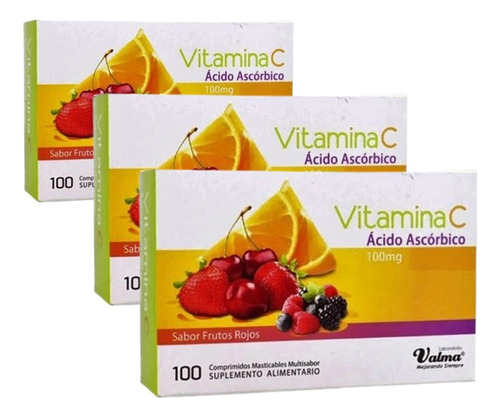 Vitamina C 100 Comp Sabor Frutos Rojos Valma X 3 Cajas