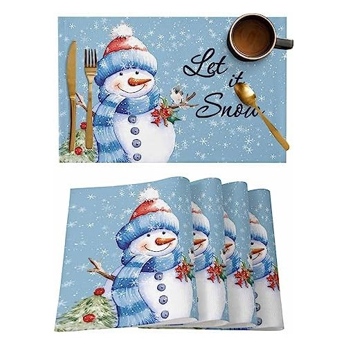 Christmas Placemats Set Of 4 Snowman With Bird White Sn...