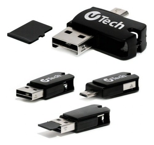 Pen Drive Usb C/ Otg + Micro Sd 16gb 3 Em 1 Utech Nf-e Cor Preto