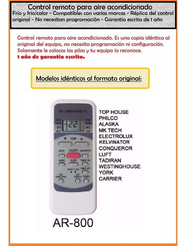 Control Remoto Aire Acondicionado Electrolux Philco Carrier
