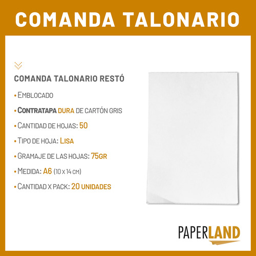 Comanda Talonario Restó Emblocado A6 10x14cm Lisa X 20u