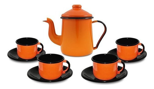 Conjunto Café Esmaltado C/ 9 Peças Qualidade Ewel Cor Laranja