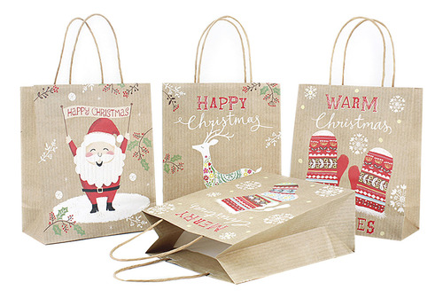 10 Bolsas De Regalo Navideñas De Papel Kraft Con Patrones Al