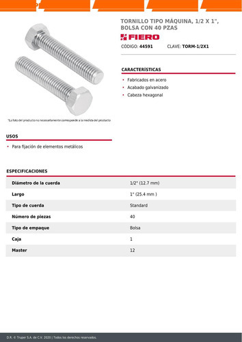 Tornillo Tipo Máquina, 1/2 X 1', Bolsa 40 Pz Fiero 44591
