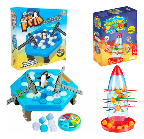 Kit Jogo Pinguim Quebra Gelo + Jogo Tira Varetas No Foguete