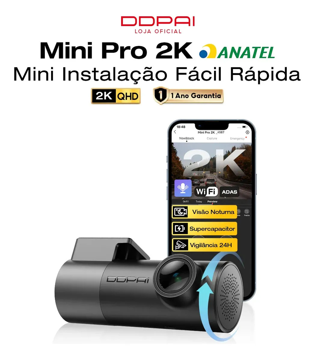 Ddpai Câmera Veicular Mini Pro 2K 1440p Dashcam com Wi-Fi e App Controle, Câmera Para Carro com Ângulo de 140° e Visão Noturna 2.0, Lente Rotativa 360°, Supercapacitor e Gravação e