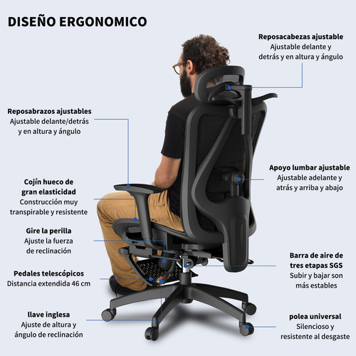 Silla De Escritorio Ergonómica Con Reposapiernas+percha Color Negro Material Del Tapizado Malla Transpirable