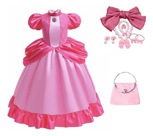 Halloween Super Mario Peach Princesa Disfraz De Cosplay Para Niños,vestido De Manga Burbuja Rosa+accesorios