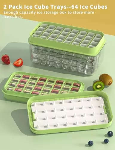Bandeja para cubitos de hielo con tapa y contenedor, paquete de 2 para  congelador, 64 moldes para cubitos de hielo (verde)