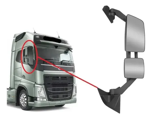 Retrovisor completo e caminhão Volvo FH com a posição do espelho indicada