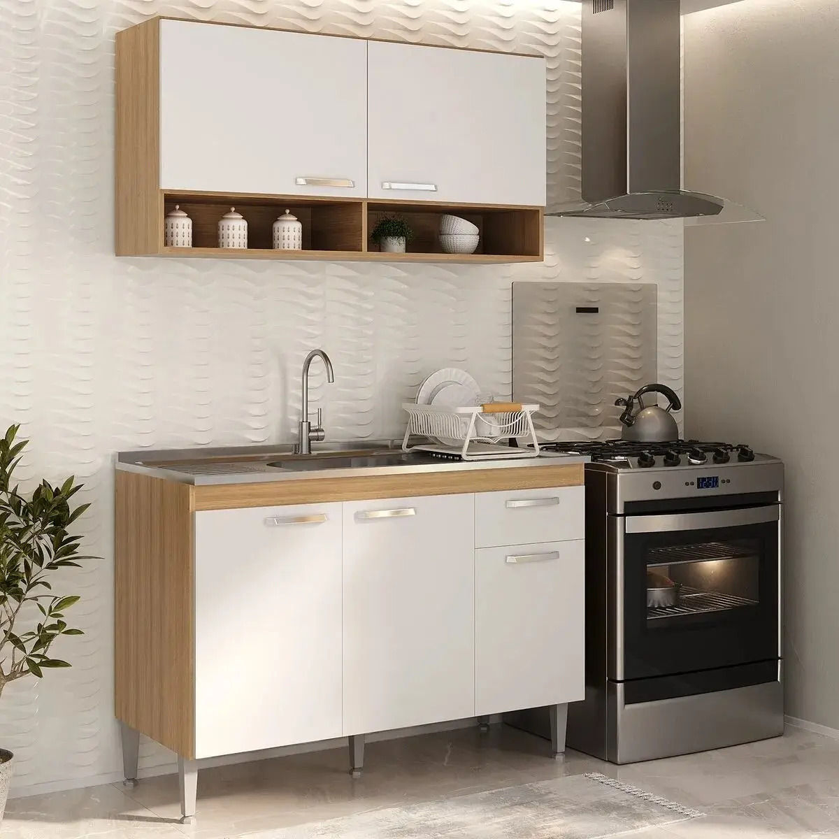 Combo Cocina Alacena Bajo Mesada 120cm Rústico/blanco