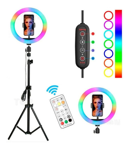 Imagen 1 de 8 de Aro Luz Led 33 Cm+ Tripode 2 Metros + Control Rgb Multicolor
