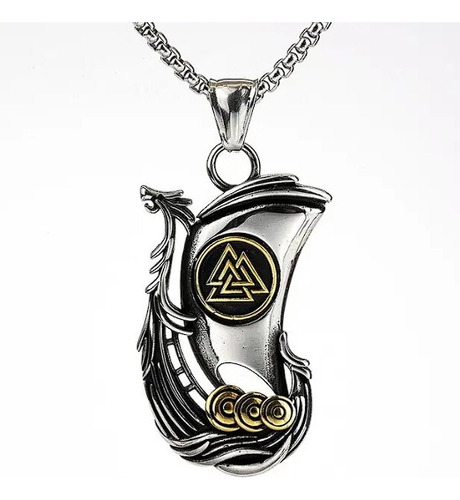 Collar Drakkar Y Valknut Barco Vikingo Acero Inoxidable